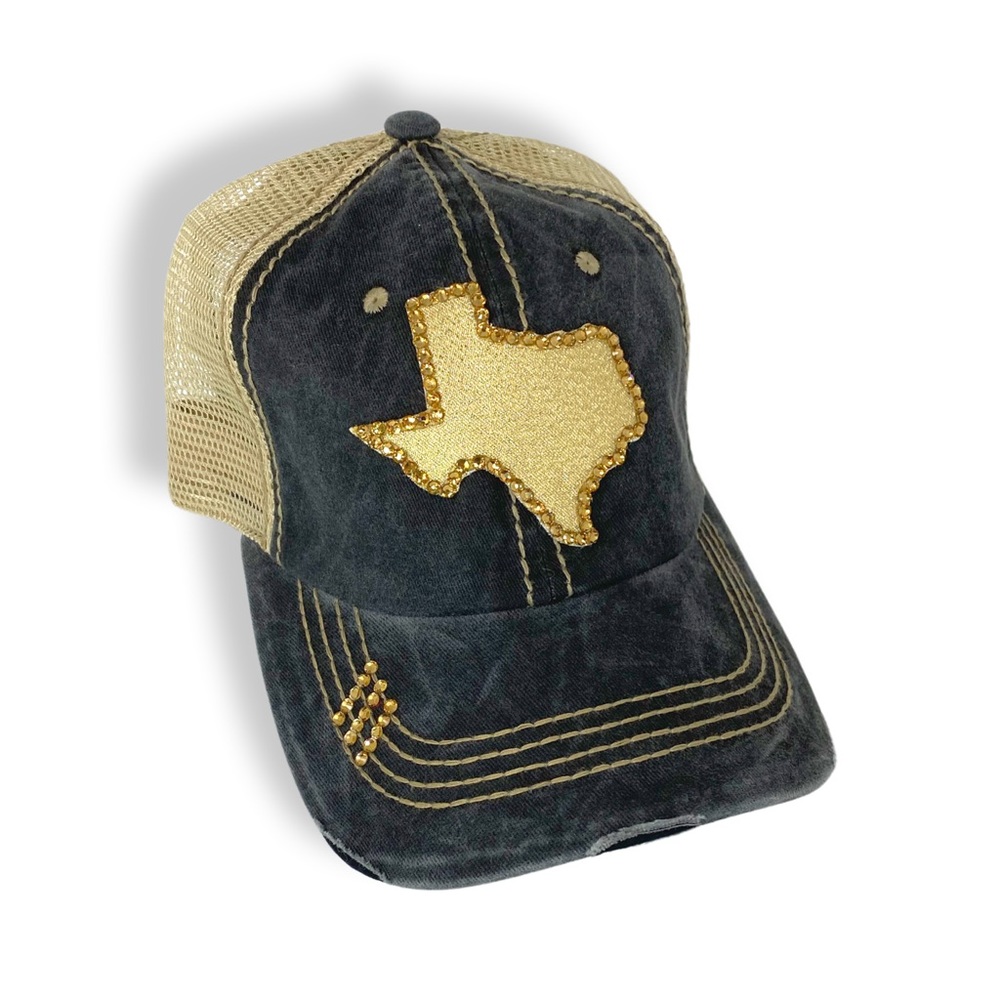 TEXAS Blinged Out Distressed Metallic Gold & Silver Trucker Style‎ Snapbacks - Picture 3 of 4